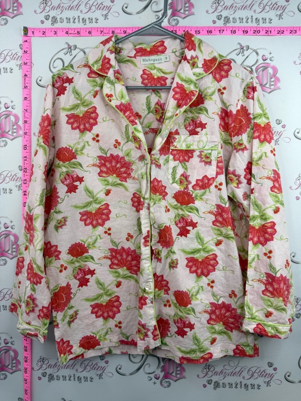 Mahogany shirt long sleeve Floral Button-Up Top - Pink with Red & Green Floral